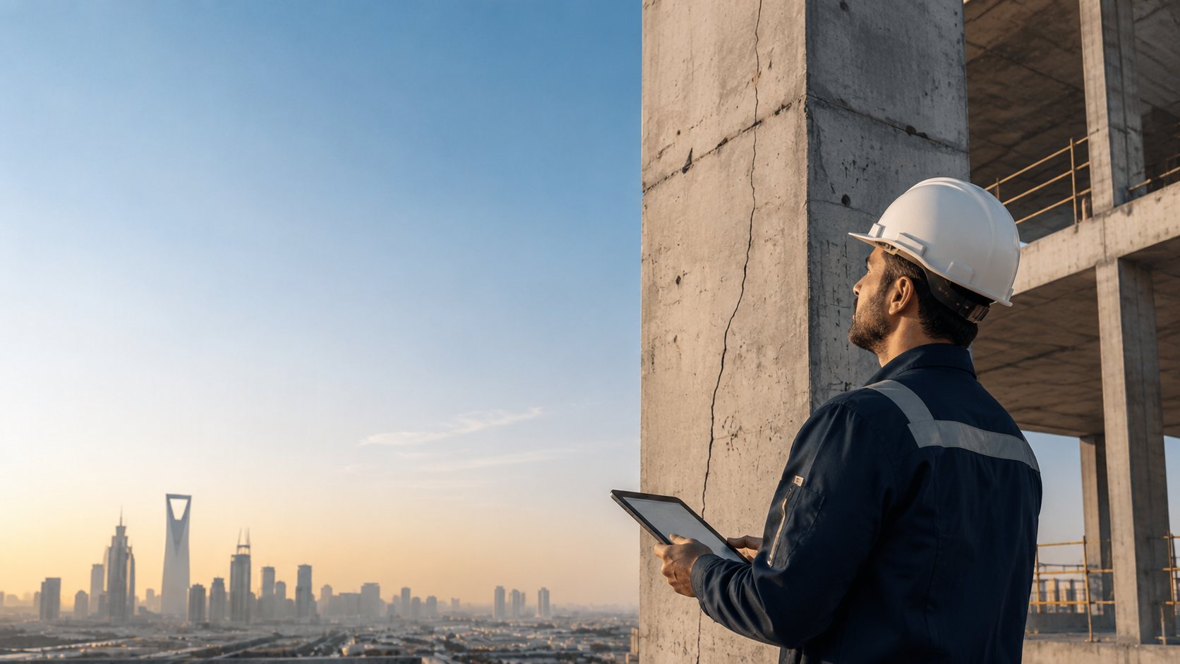 Engineer reviewing a structural inspection on site in Riyadh